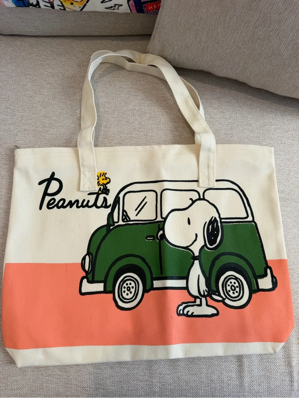 Peanuts Canvas Tote with Green Car, Coral Accent